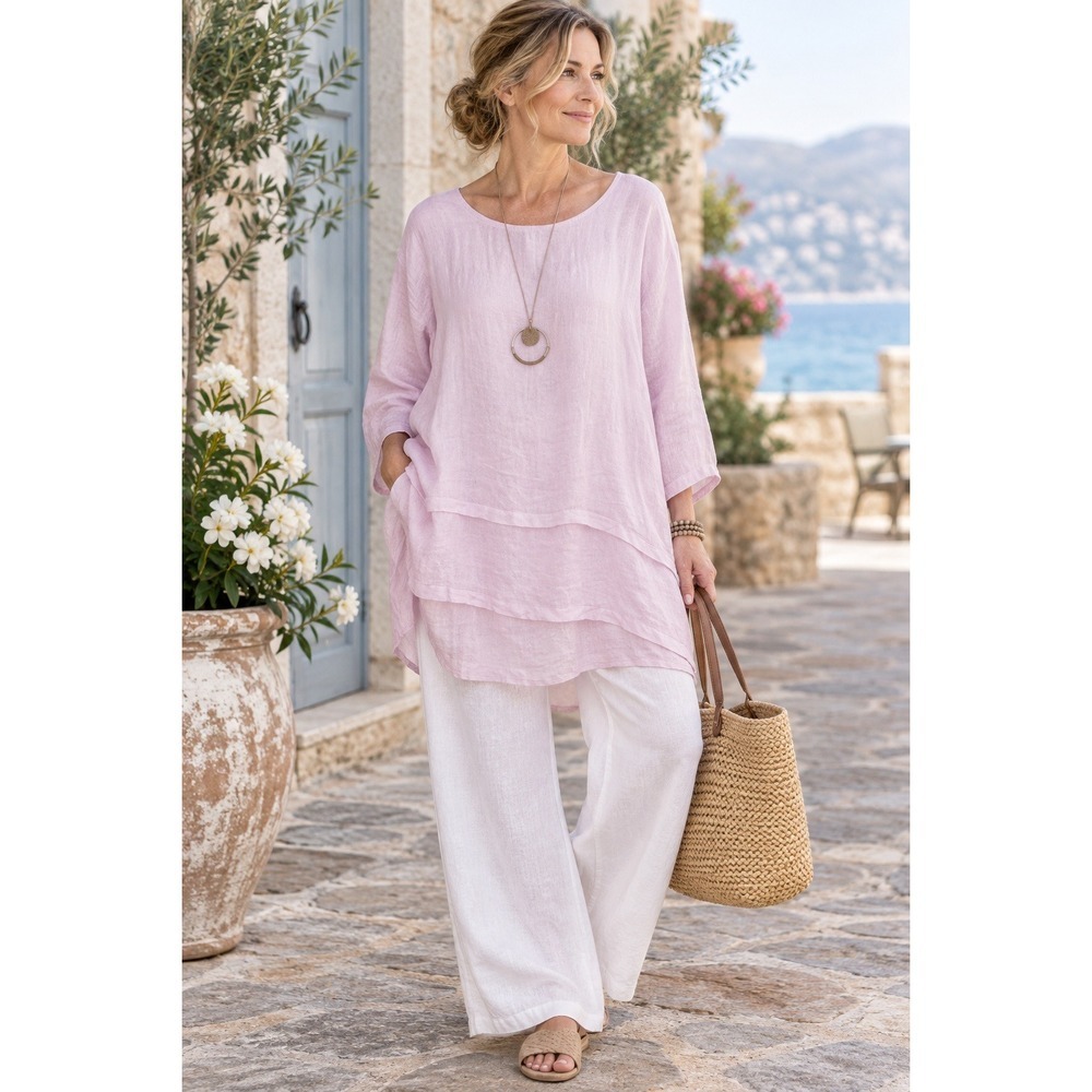 Crown Linen Designs Pink 100% Linen Tunic XS Lagenlook Oversized Made Ukraine
